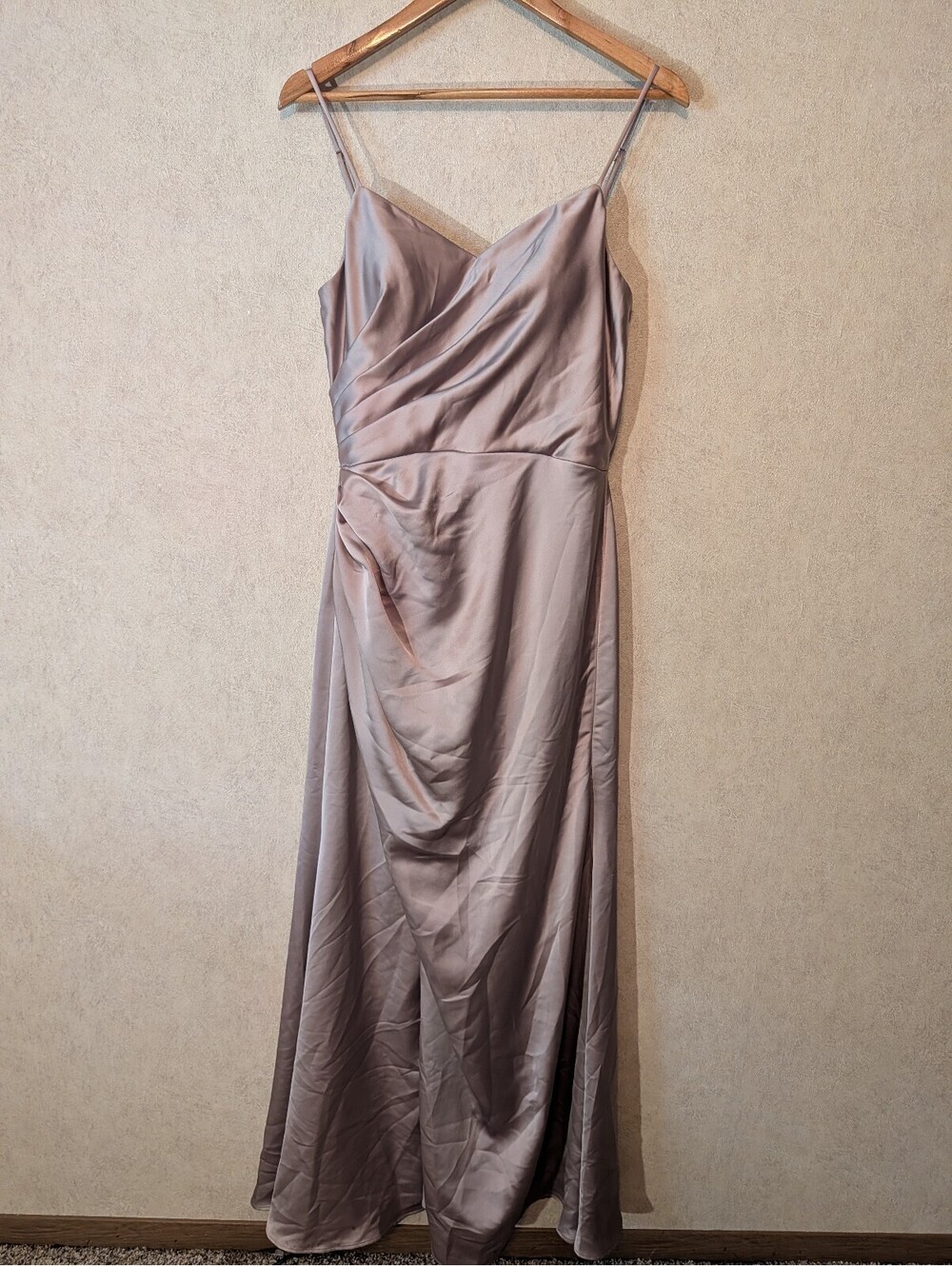 MORI LEE taupe satin maxi formal dress sz 8